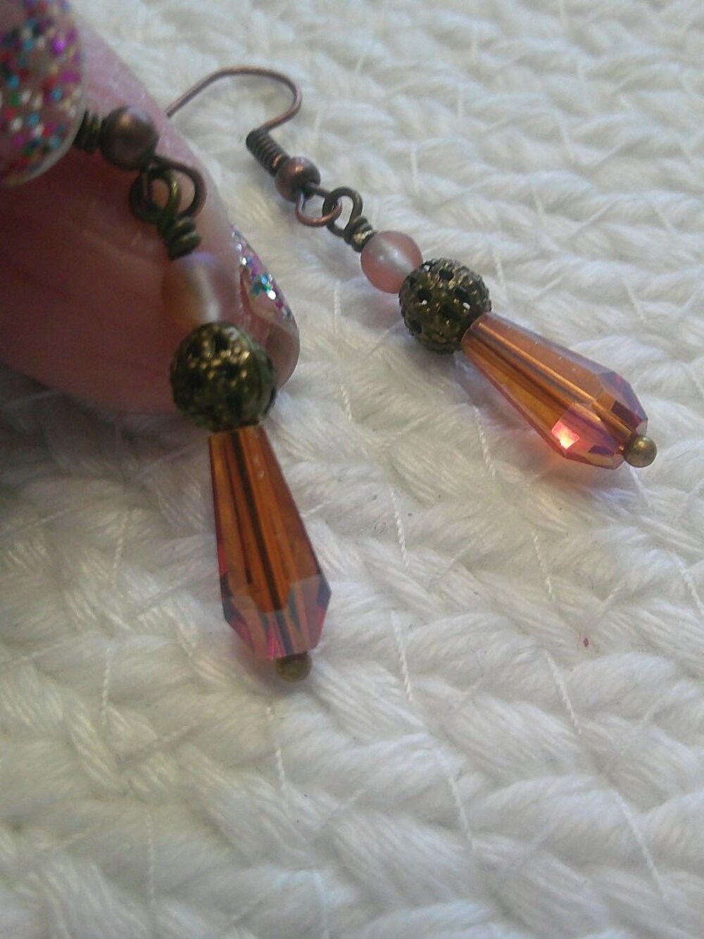 Gorgeous ORANGE CRYSTAL TEARDROP Handmade Antique Bronze Earrings #341F